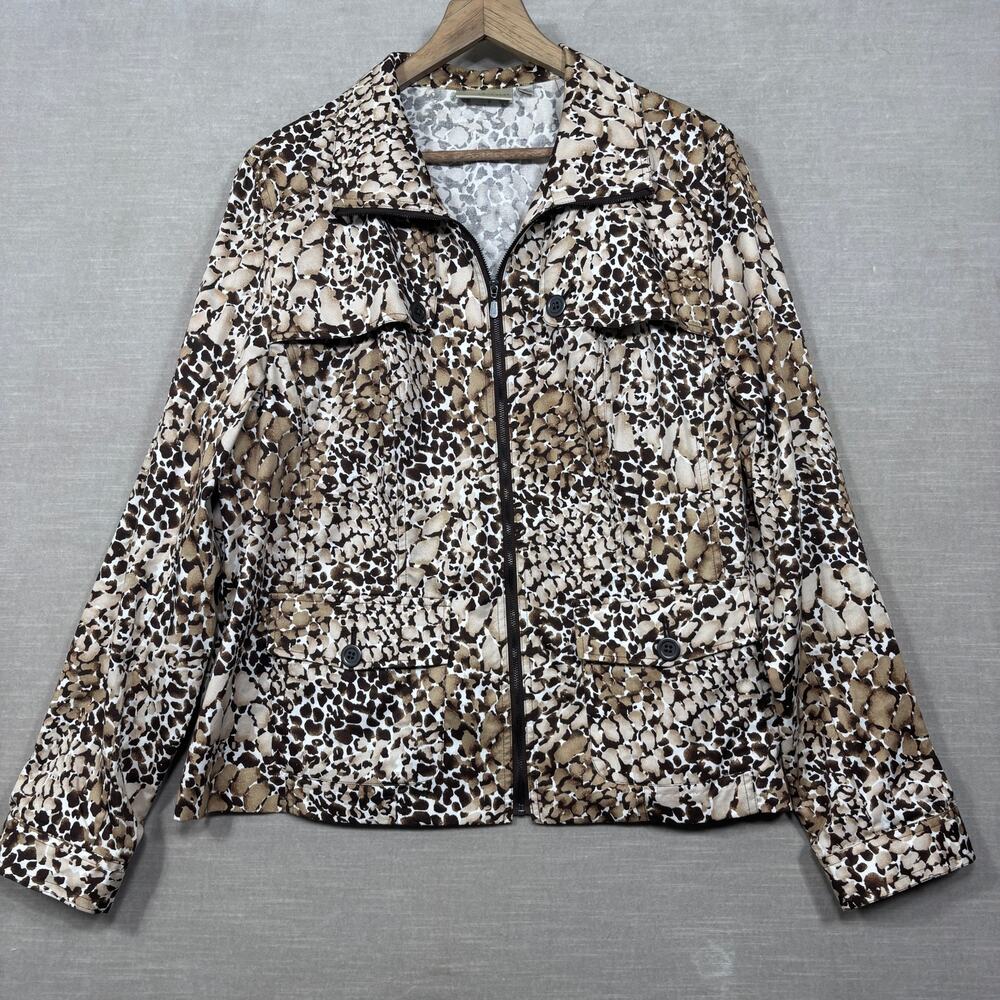 Vtg Studio‎ Works Womens Print Zip Jacket XL Statement Brown Cotton Animal